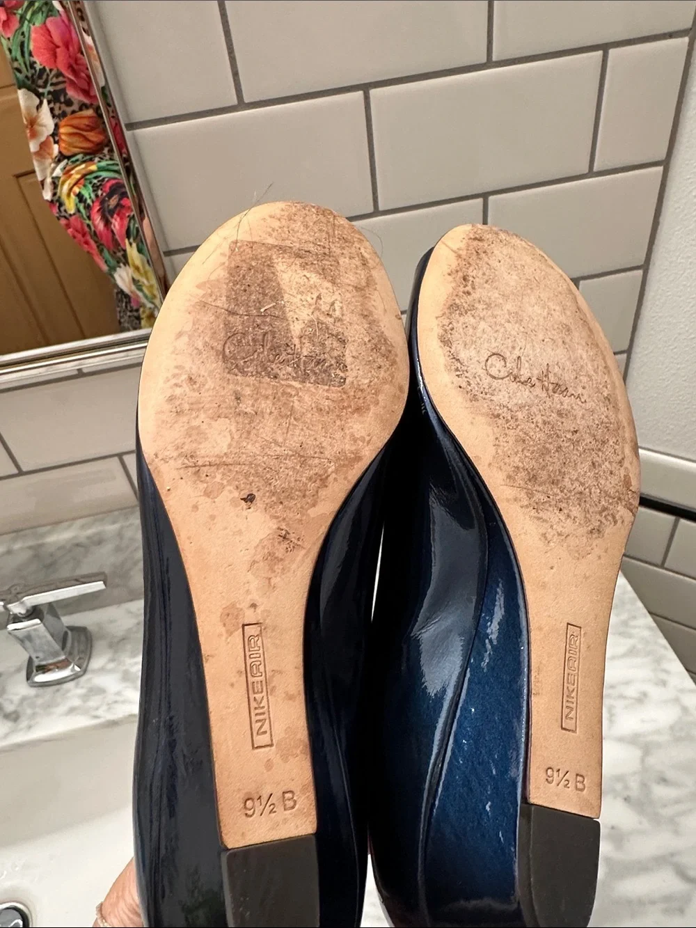 Cole Haan Nike Navy Patent Leather Peep-Toe Wedge Pumps